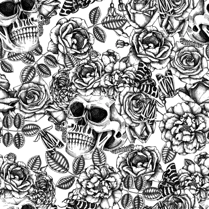 Day of the death seamless pattern. Hand drawn vector illustration. Human skull with rose flowers and moth sketch. Gothic style background. Repeating texture. Fabric, textile, wrapping paper, print